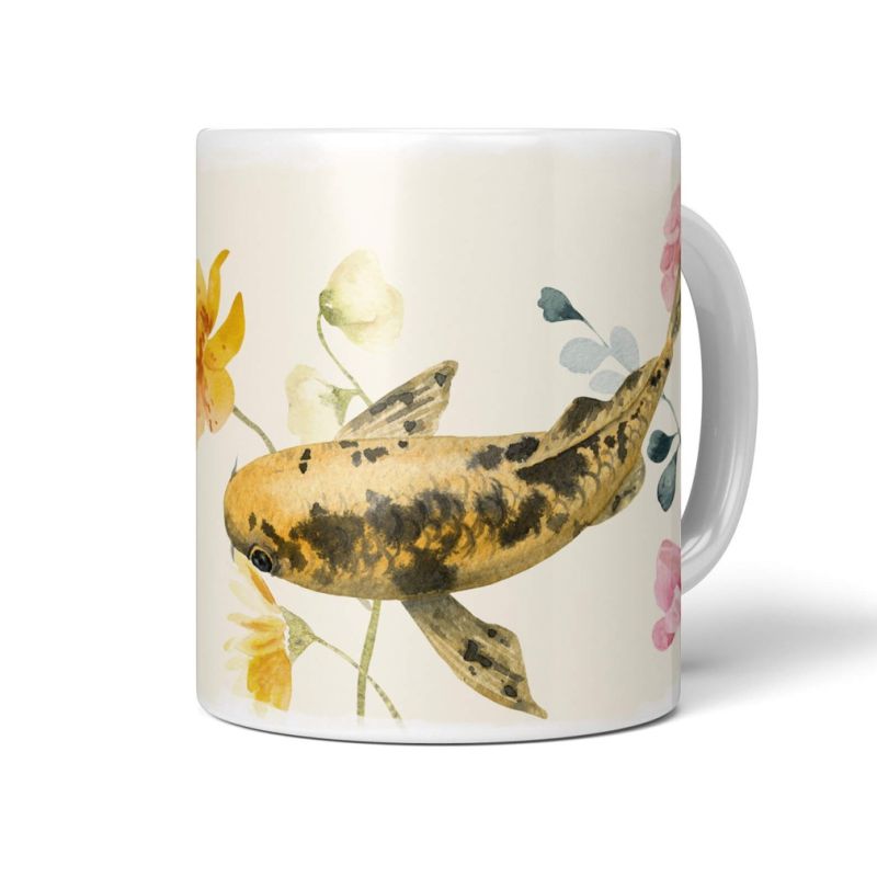 Dekorative Tasse mit schönem Motiv goldener Koi Blumen Blüten Kunstvoll Wasserfarben