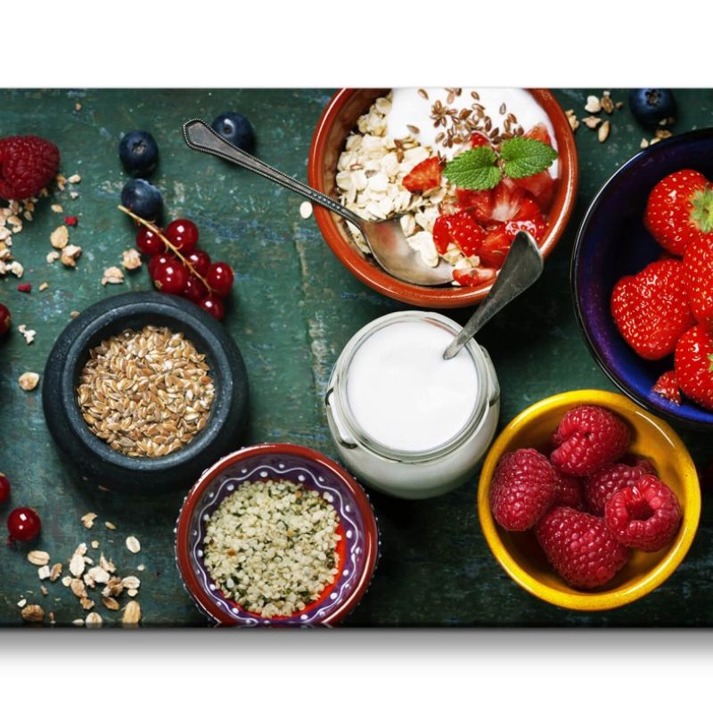 Leinwandbild 120x60cm Müsli Erdbeeren Himbeeren Küche Frühstück Gesund