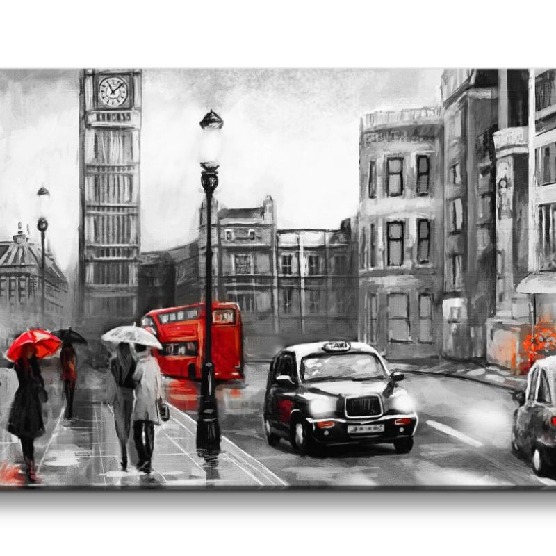 Leinwandbild 120x60cm London Liebespärchen Romantisch Malerisch rote Telefonzelle