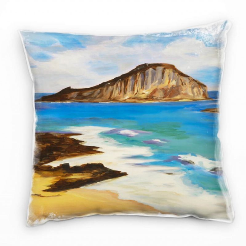 Strand und Meer, braun, blau, weiß, Hawaii, gemalt Deko Kissen 40x40cm für Couch Sofa Lounge Zierkis