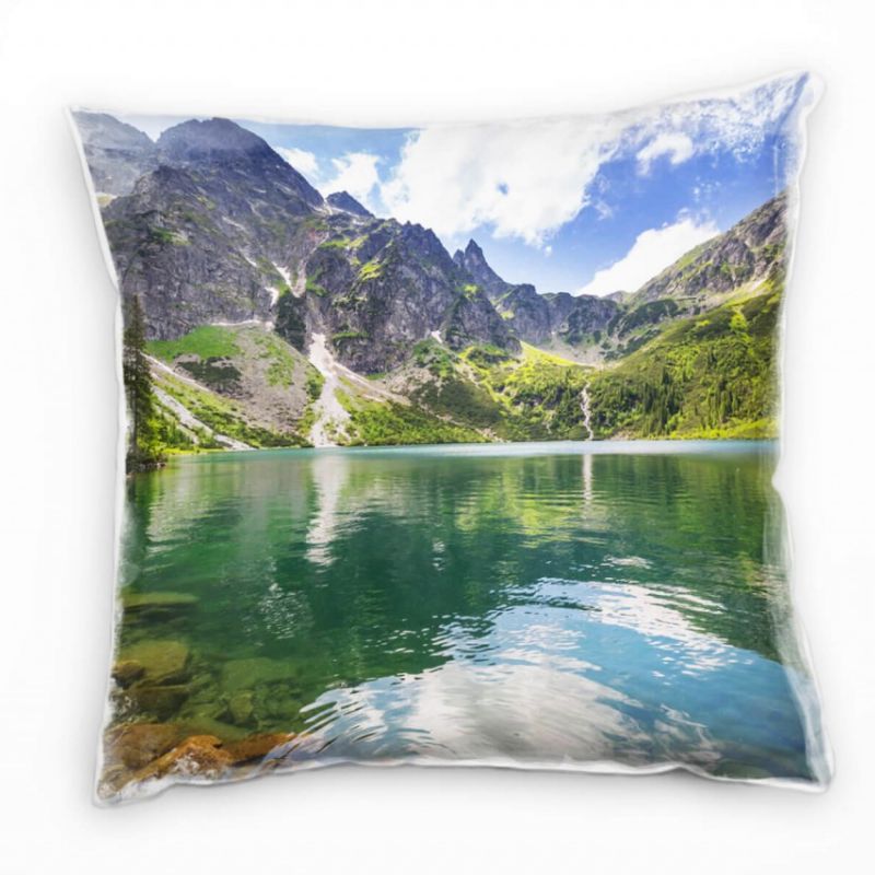 Seen, Berge, Wasser, blau, helle Farben, grün Deko Kissen 40x40cm für Couch Sofa Lounge Zierkissen