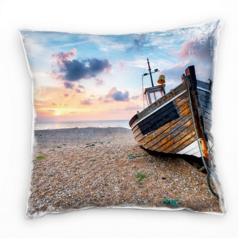 Strand und Meer, Sonnenaufgang, Schiff, braun, blau Deko Kissen 40x40cm für Couch Sofa Lounge Zierki