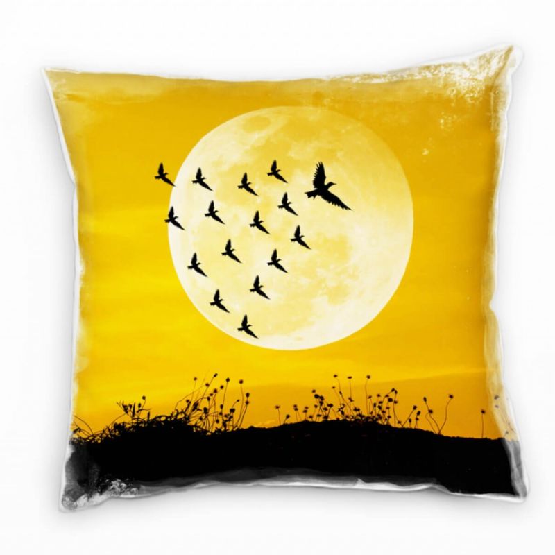 Natur, Nacht, Mond, Vögel, orange, schwarz Deko Kissen 40x40cm für Couch Sofa Lounge Zierkissen