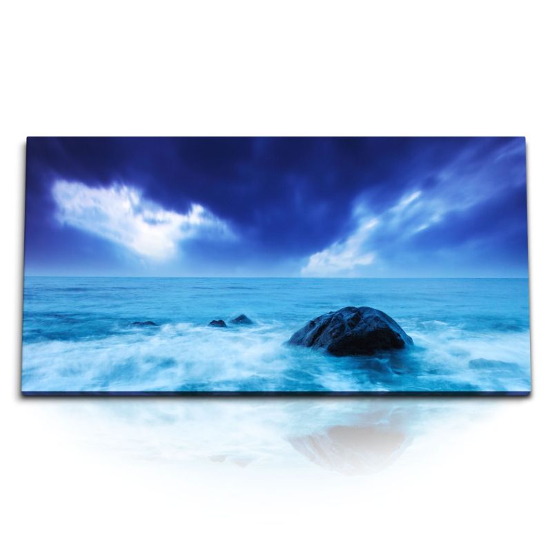 Kunstdruck Bilder 120x60cm Meer Ozean Horizont Felsen Blau dunkle Wolken