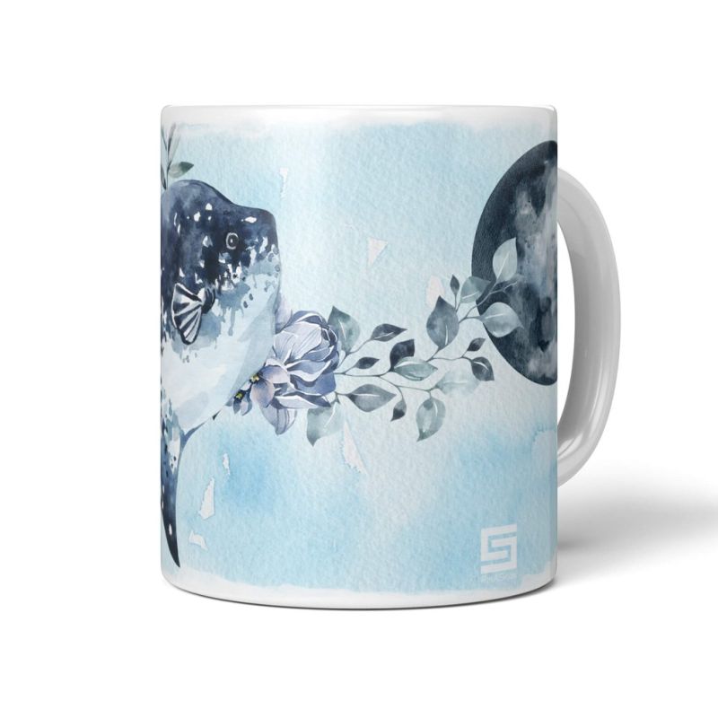 Dekorative Tasse mit schönem Motiv Mondfisch Mond Vollmond Blumen Kunstvoll Aquarell