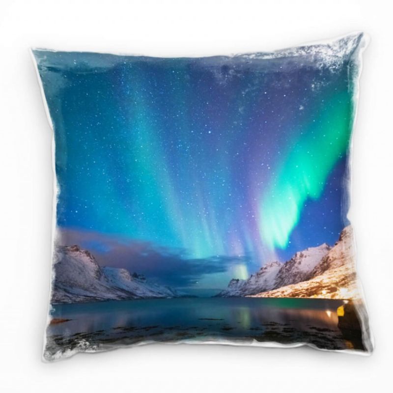 Landschaft, blau, türkis, gelb, Polarlichter, Berg Deko Kissen 40x40cm für Couch Sofa Lounge Zierkis