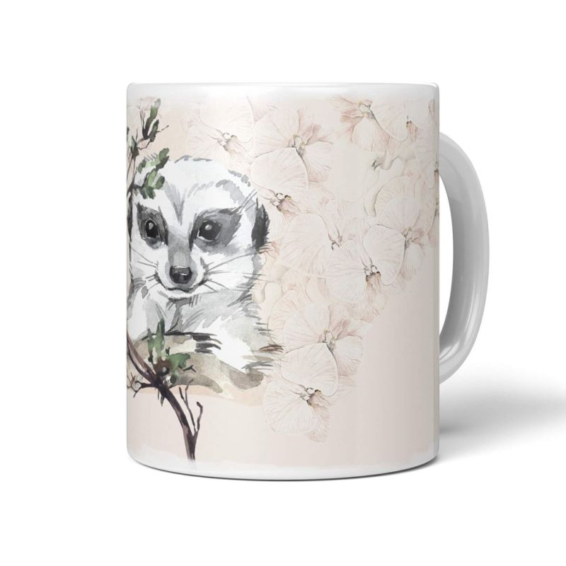 Tasse Porzellan Tier Motiv Erdmännchen Blumen Pflanzen Aquarell