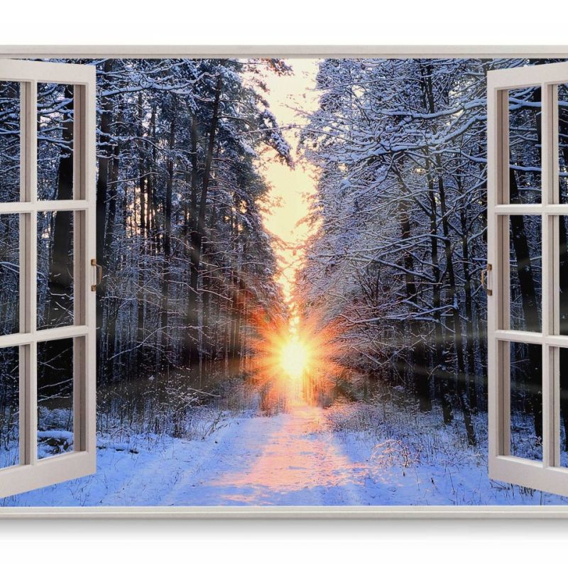 Wandbild 120x80cm Fensterbild Winter Schnee Wald Sonnenstrahl Sonnenuntergang