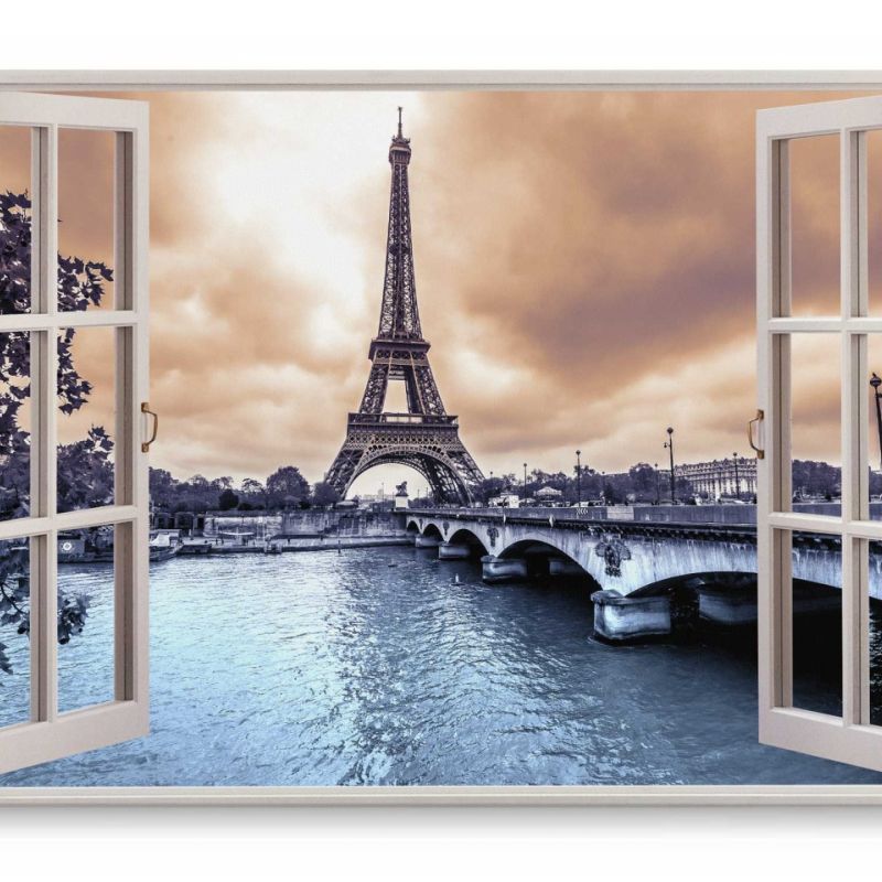 Wandbild 120x80cm Fensterbild Paris Eiffelturm Kanal Brücke Frankreich