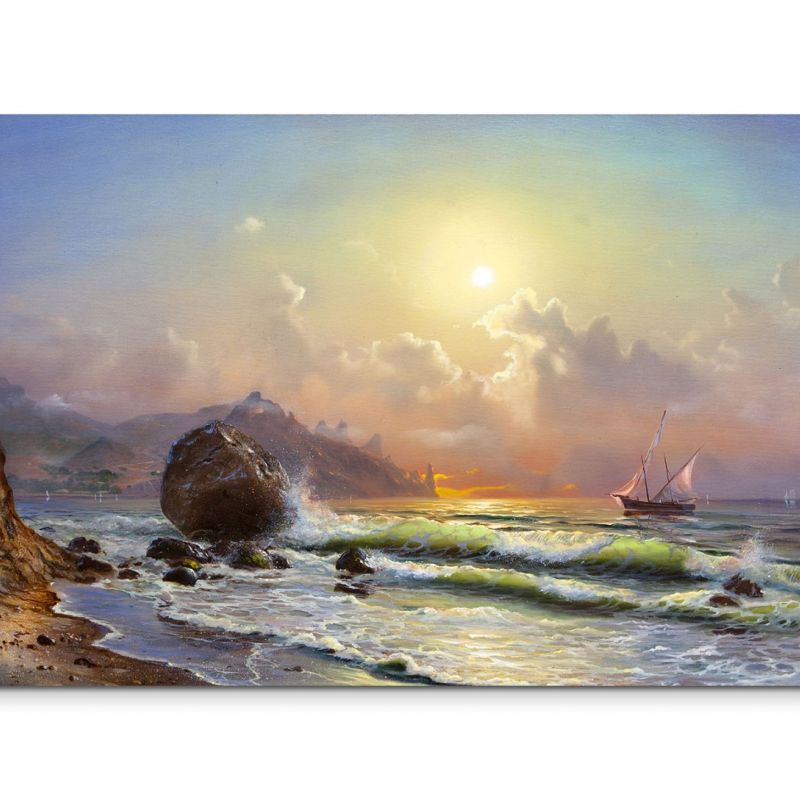 120x80cm Wandbild Meer Strand Wellen Segelboot Sonnenuntergang