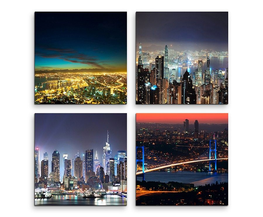 4 teiliges Leinwandbild je 30x30cm  –  New York Brooklyn Bridge Skyline Nacht