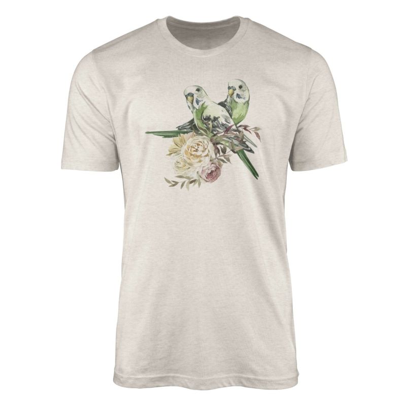 Herren Shirt Organic T-Shirt  Aquarell Motiv Wellensittich Blumen Bio-Baumwolle Ökomode Nachhaltig F