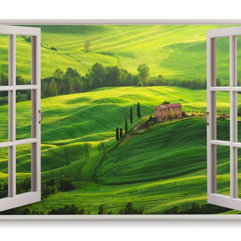 Wandbild 120x80cm Fensterbild Italien Toskana Landhaus Landschaft Grün Sonnenuntergang