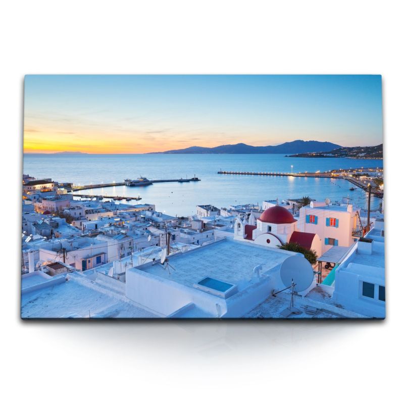 120x80cm Wandbild auf Leinwand Mykonos Insel Griechenland Meer Sonnenuntergang weiße Häuser