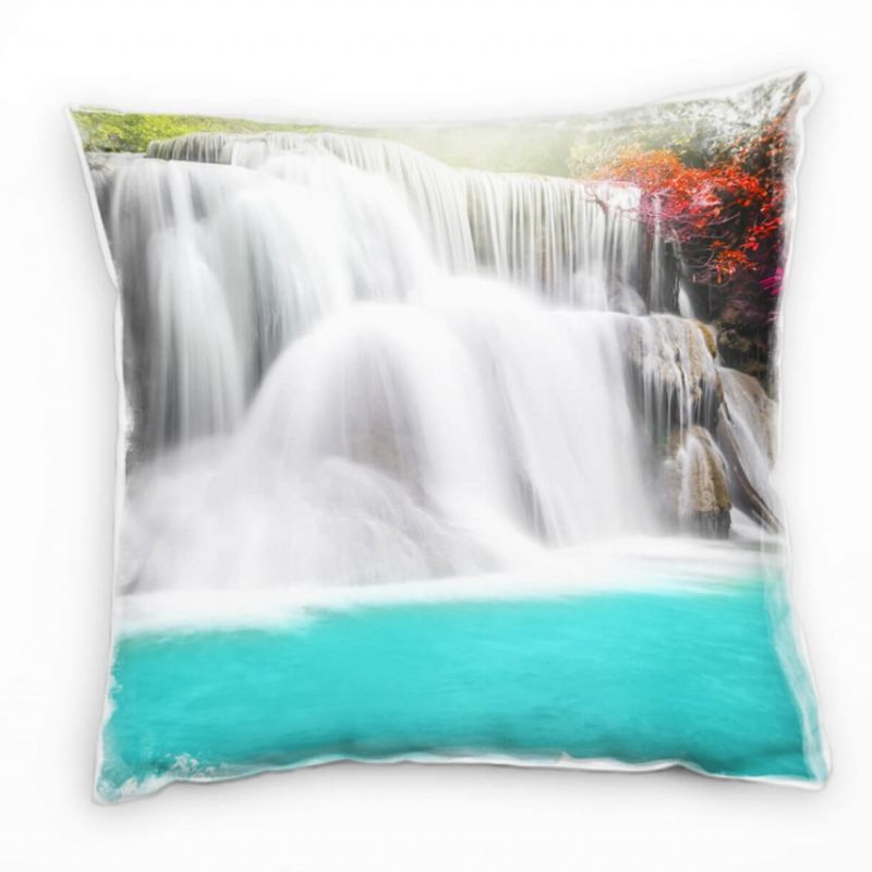 Natur, weiß, türkis, rosa, Wasserfall, Thailand Deko Kissen 40x40cm für Couch Sofa Lounge Zierkissen