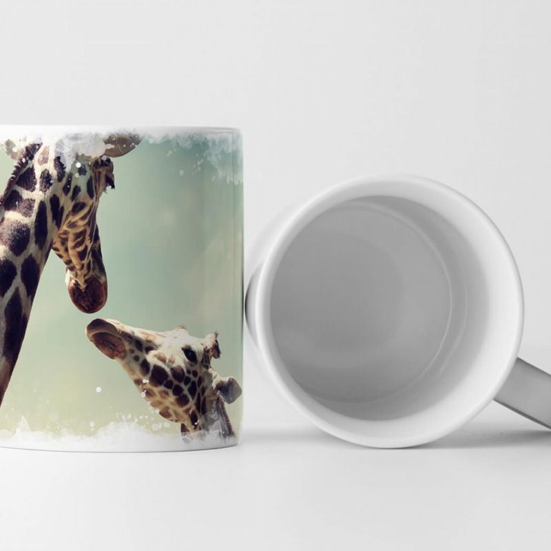 Tasse Geschenk Tierfotografie – Giraffenfamilie Mutter und Kind und Sonne