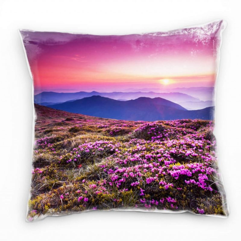 Landschaft, Sonnenuntergang, Berge, Blumen Deko Kissen 40x40cm für Couch Sofa Lounge Zierkissen