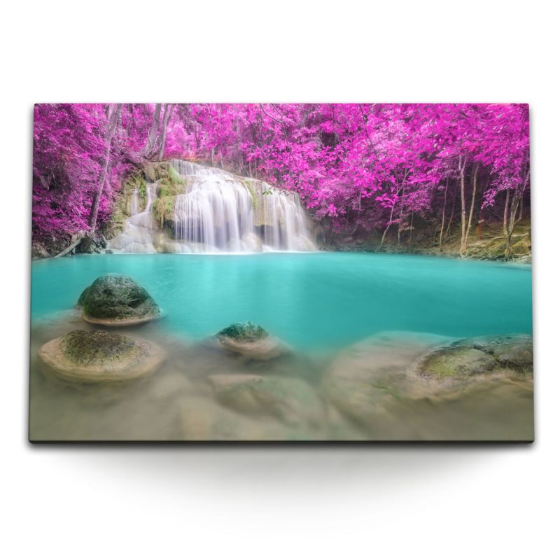 120x80cm Wandbild auf Leinwand Wasserfall Thailand Türkis Natur Rosa Exotisch