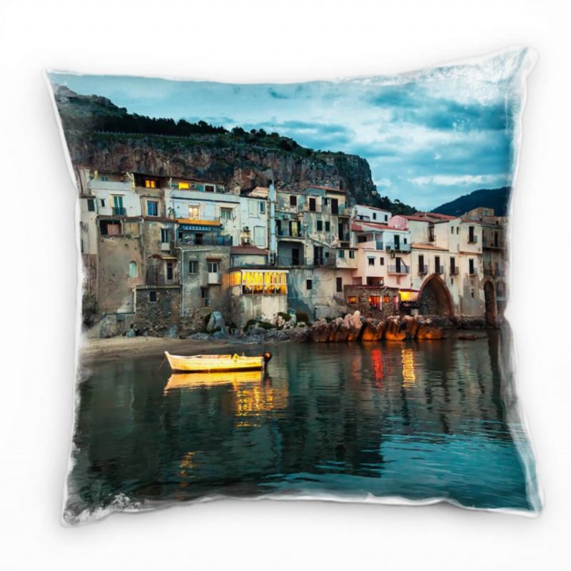 City, alte Häuser, Abend, Wasser, Boot, braun, blau Deko Kissen 40x40cm für Couch Sofa Lounge Zierki