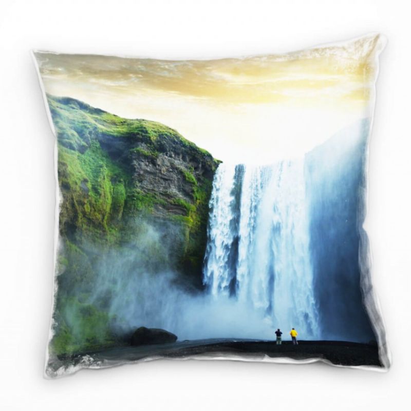 Landschaft, blau, grün, gelb, Wasserfall Deko Kissen 40x40cm für Couch Sofa Lounge Zierkissen