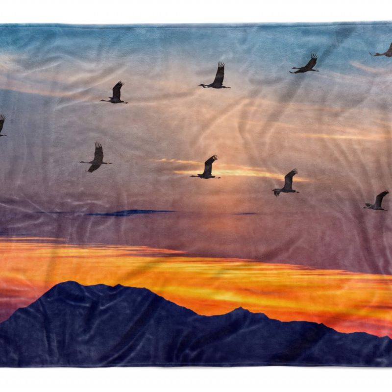 Handtuch Strandhandtuch Saunatuch Kuscheldecke mit Fotomotiv Berge Sonnenuntergang Vögel