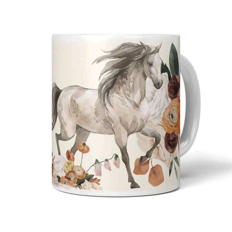 Tasse Porzellan Tier Motiv Pferd Blumen Blüten Kunstvoll Flora Romantisch