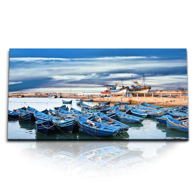 Kunstdruck Bilder 120x60cm Kleiner Hafen Boote Fischerboot Blau blauer Himmel