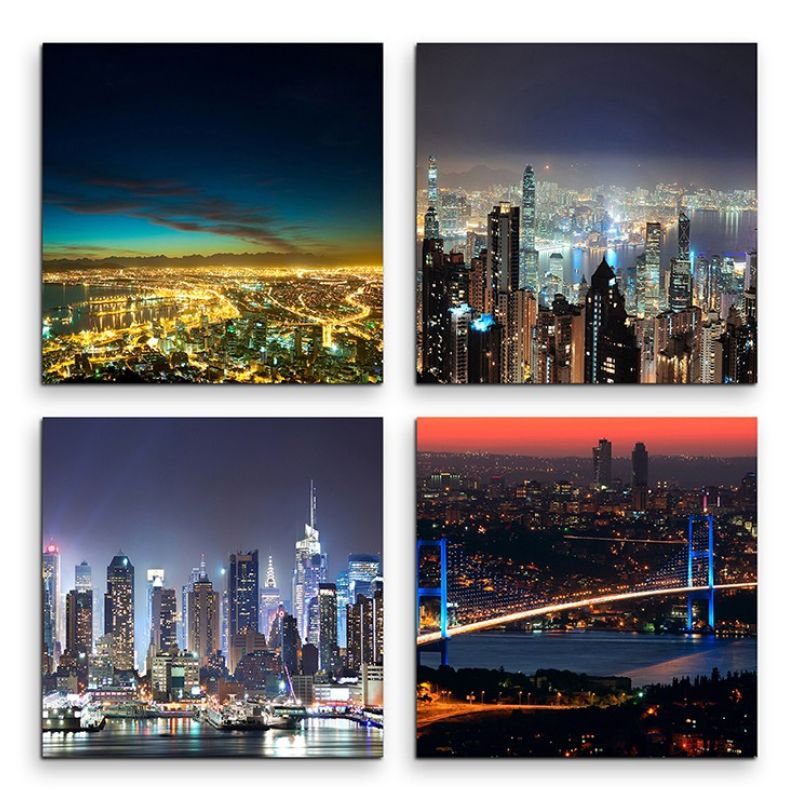 4 teiliges Leinwandbild je 30x30cm  –  New York Brooklyn Bridge Skyline Nacht