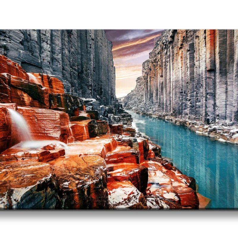 Leinwandbild 120x60cm Gullfoss Island goldener Wasserfall Felsen Klippen Fluss