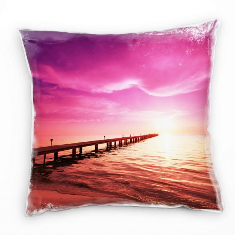 Strand und Meer, pink, orange, Sonnenuntergang, Steg Deko Kissen 40x40cm für Couch Sofa Lounge Zierk