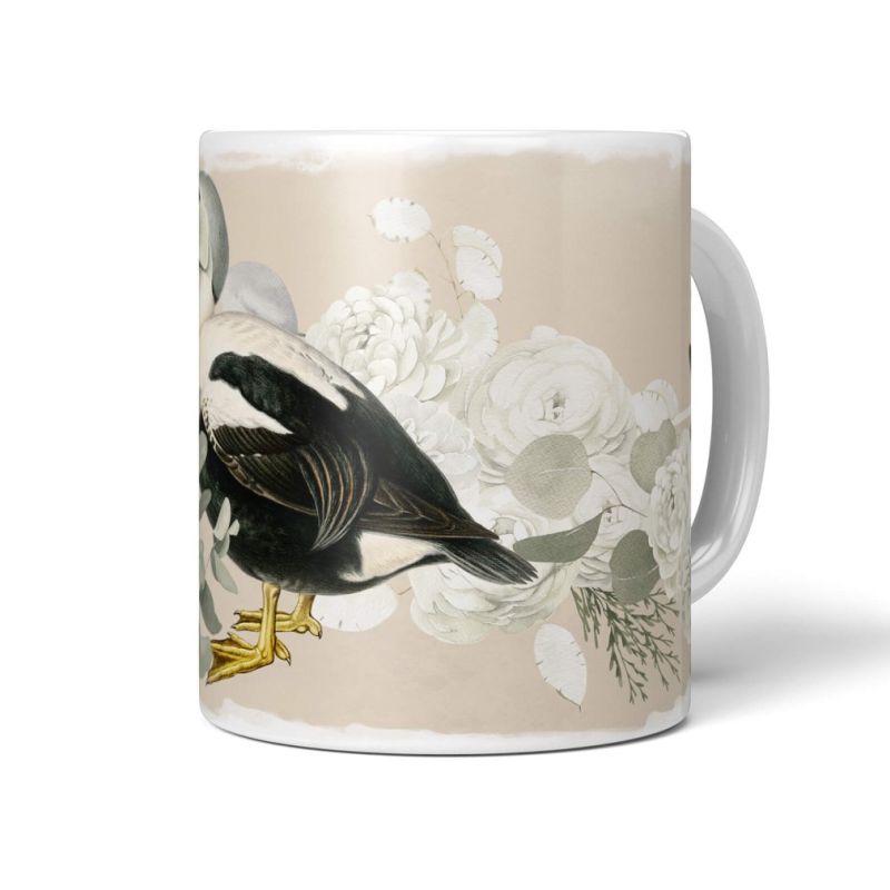 Dekorative Tasse mit schönem Vogel Motiv Ente Blumen Blüten Kunstvoll Pastelltöne