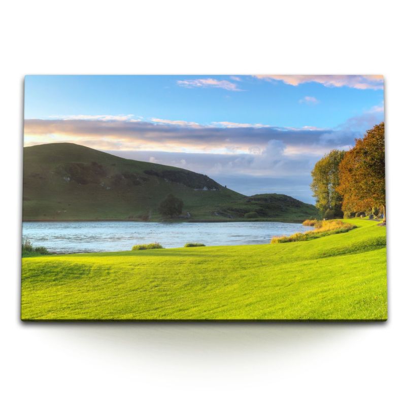 120x80cm Wandbild auf Leinwand Natur See Berge grüne Wiese Landschaft