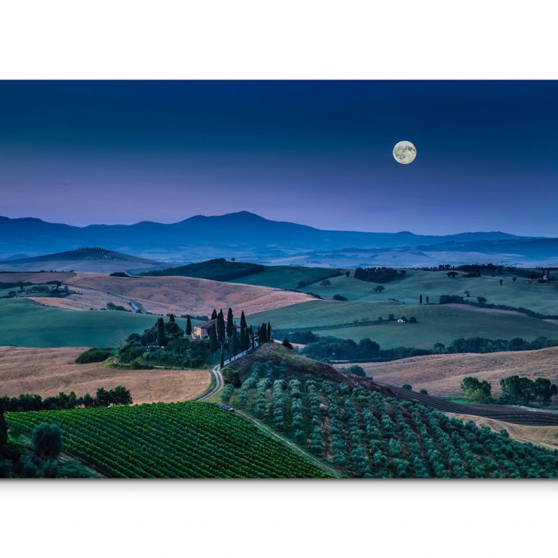 120x80cm Wandbild Toskana Landschaft Berge Wald Nacht Mond