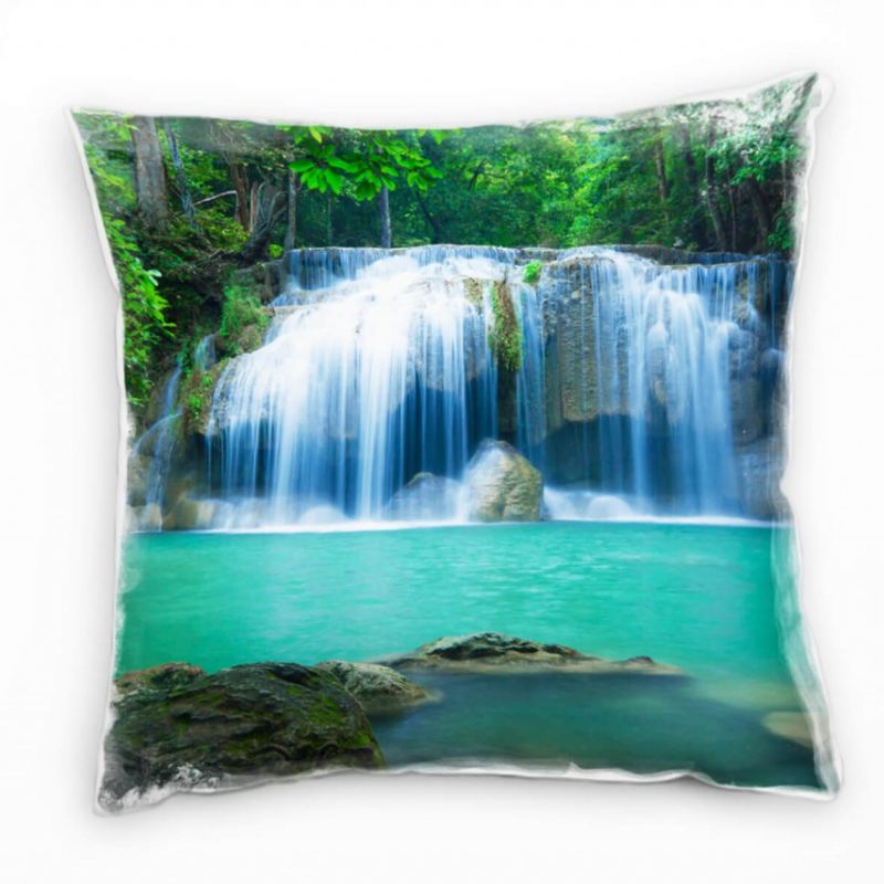 Natur, türkis, grün, Wasserfall, tropischer Wald, Thailand Deko Kissen 40x40cm für Couch Sofa Lounge