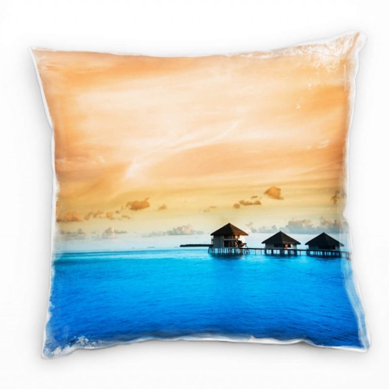 Strand und Meer, Bungalows, blaues Wasser, orange Deko Kissen 40x40cm für Couch Sofa Lounge Zierkiss