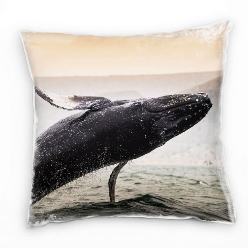 Tiere, Buckelwal springt aus dem Wasser, grau, orange Deko Kissen 40x40cm für Couch Sofa Lounge Zier