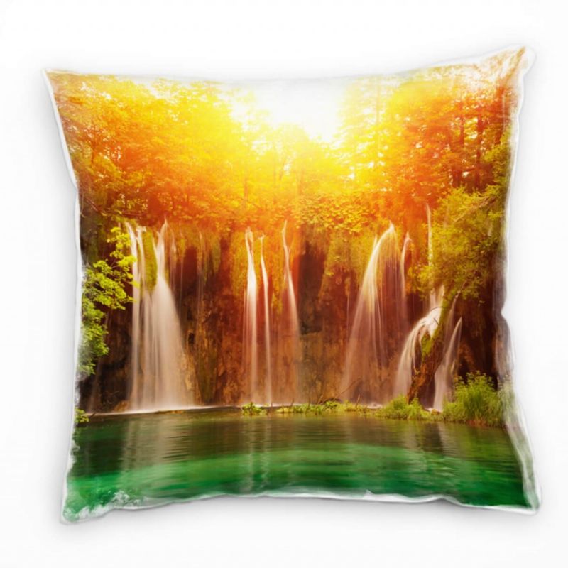 Natur, orange, grün, Sonnenuntergang, Wasserfall Deko Kissen 40x40cm für Couch Sofa Lounge Zierkisse