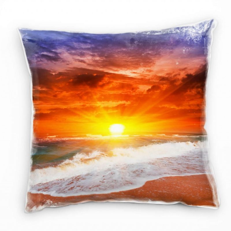 Strand und Meer, rot, orange, Sonnenuntergang Deko Kissen 40x40cm für Couch Sofa Lounge Zierkissen