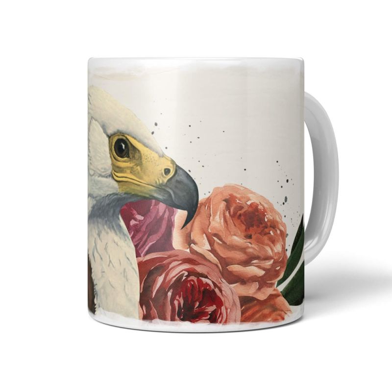 Dekorative Tasse mit schönem Vogel Motiv Weißkopfseeadler Blumen Blüten Vintage Kunstvoll