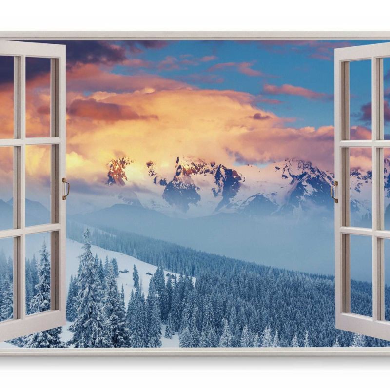 Wandbild 120x80cm Fensterbild Winterlandschaft Berge Tannenwald Schnee Sonnenuntergang