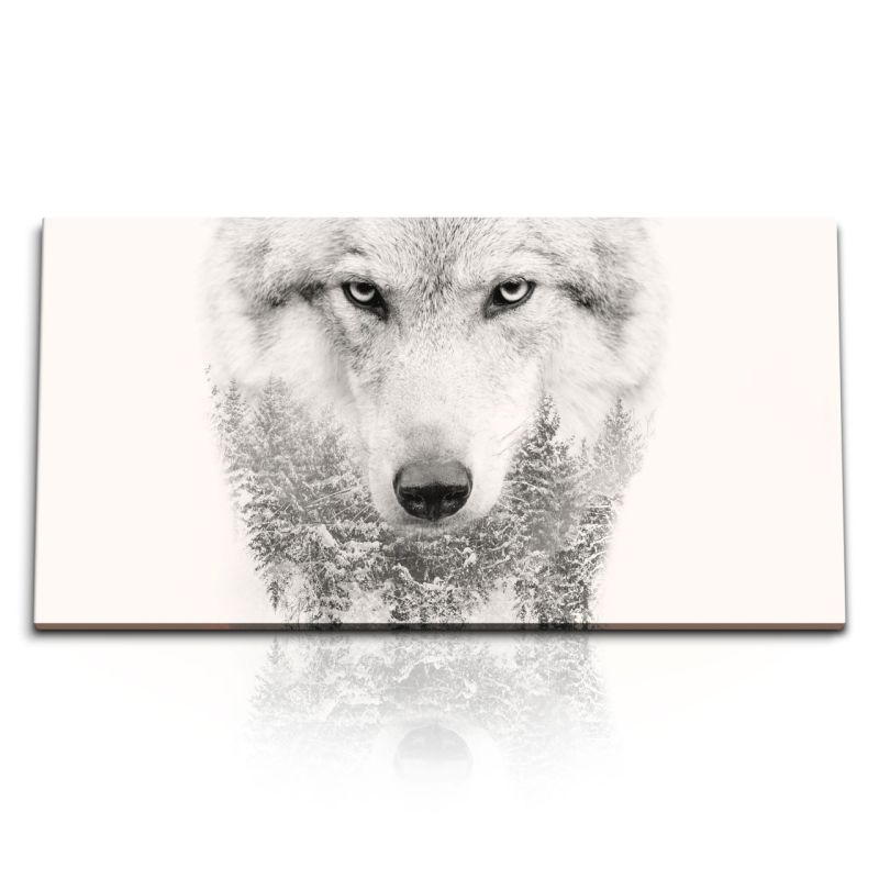 Kunstdruck Bilder 120x60cm Wolf Porträt Raubtier Kunstvoll Tannenwald Schnee