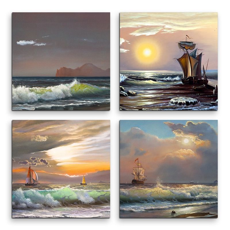 4 teiliges Leinwandbild je 30x30cm  –  Schiff Meer Wellen Sonnenuntergang