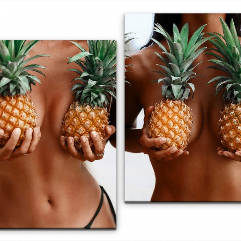 Frauen mit Ananas vor ihren Brüsten Wandbild in verschiedenen Größen