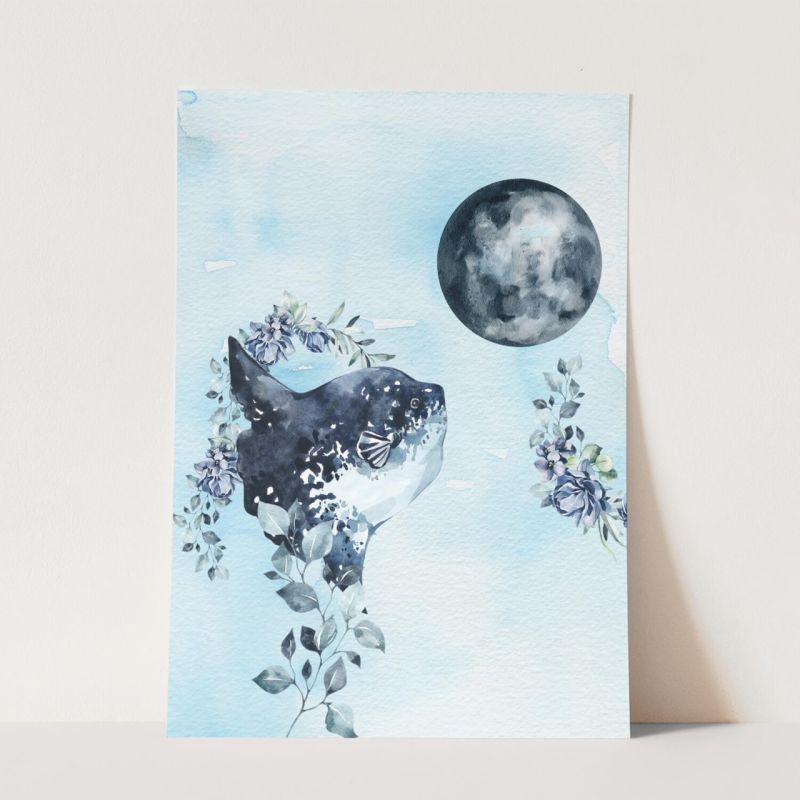 Wandbild Mondfisch Mond Vollmond Blumen Kunstvoll Aquarell