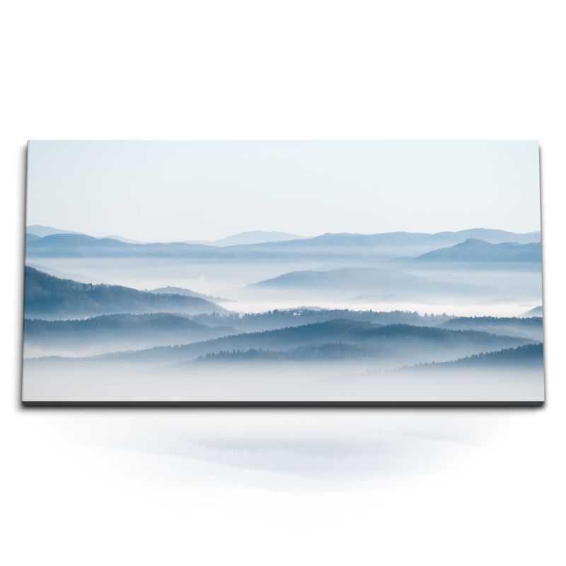 Kunstdruck Bilder 120x60cm Blaue Berge Hellblau Berglandschaft Nebel