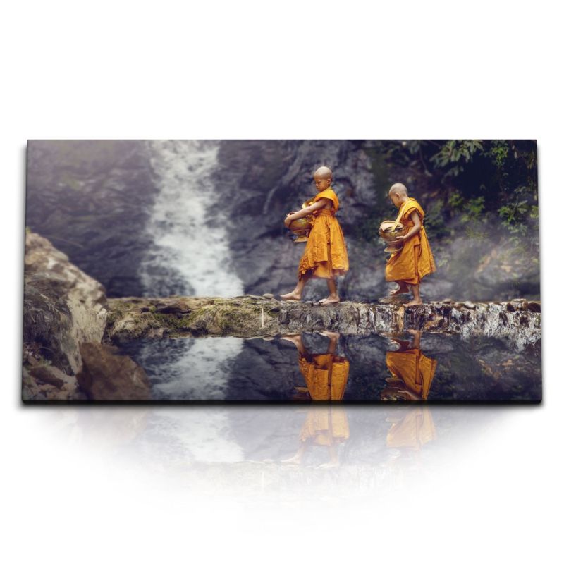 Kunstdruck Bilder 120x60cm Thailand zwei kleine Mönche Dschungel Wasserfall Natur