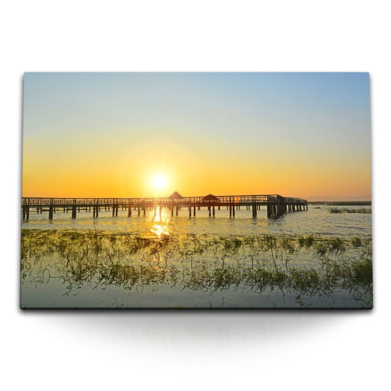 120x80cm Wandbild auf Leinwand Sonnenuntergang Thailand Holzsteg roter Horizont Meer