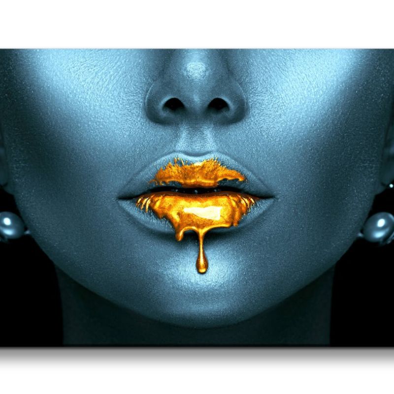 Leinwandbild 120x60cm Schöne Frauen Lippen fließendes Gold Glitzer Fotokunst