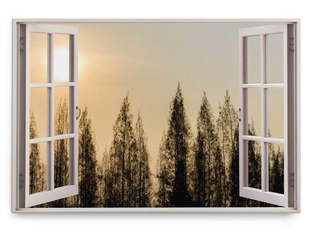 Wandbild 120x80cm Fensterbild Abenddämmerung Sonnenuntergang Bäume Baumkronen