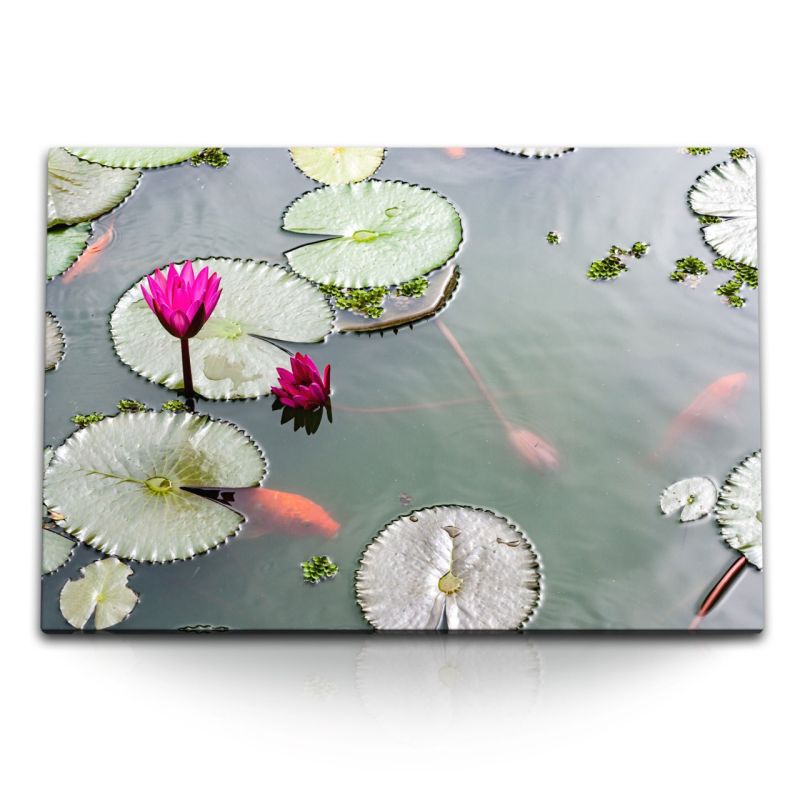 120x80cm Wandbild auf Leinwand Lotus Wasserblume Lotusblüte Teich Koi Asien